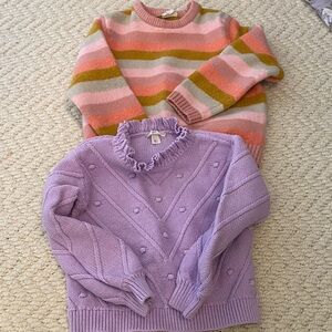 Striped Pink and Green Sweater & Purple Ruffle Sweater